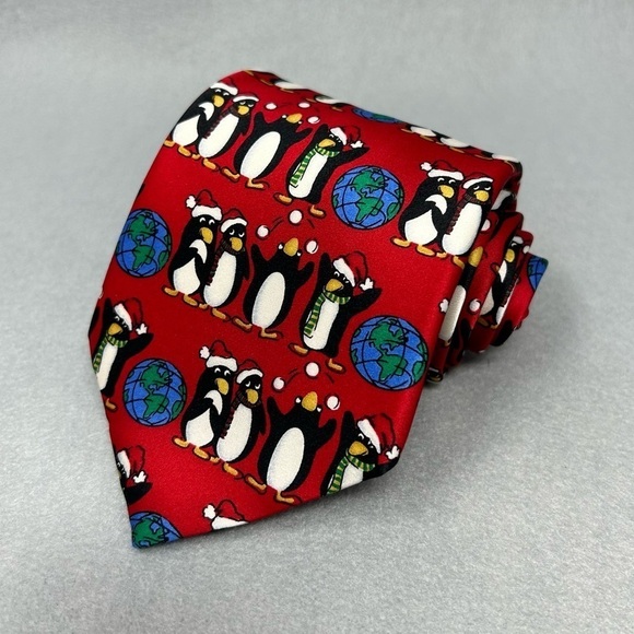 Christmas Penguin tie, Red, Silk, Festive Occasions, 57 x 3.5 Inches. - Picture 1 of 6